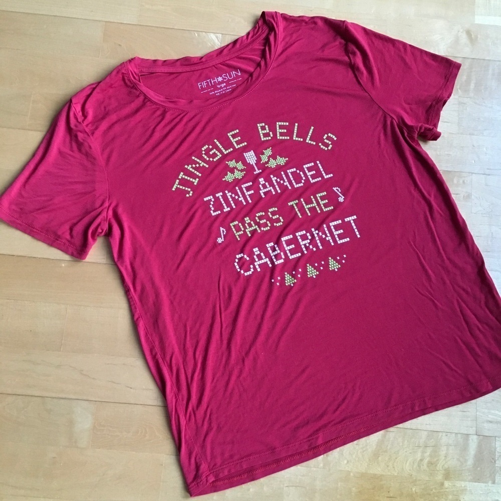 Fifth Sun “Jingle Bells, Zinfandel, Pass the Cabernet” Tee, Red, White, Size L